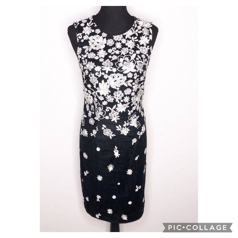 WHBM black white floral applique sleeveless sheath dress size 10